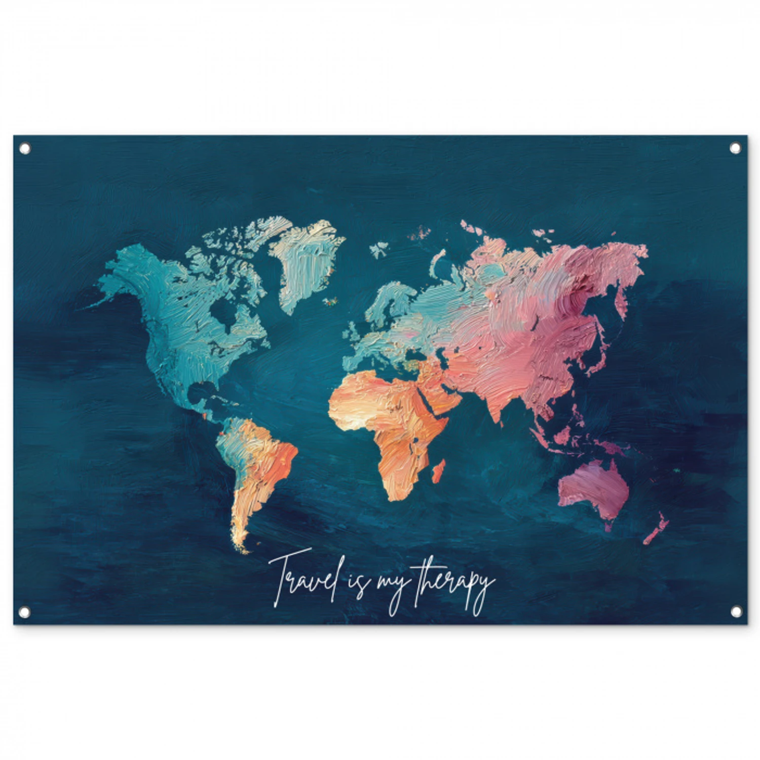 Wereldkaart - Geschilderd - Blauw - Travel tuinposter los doek groot -3d