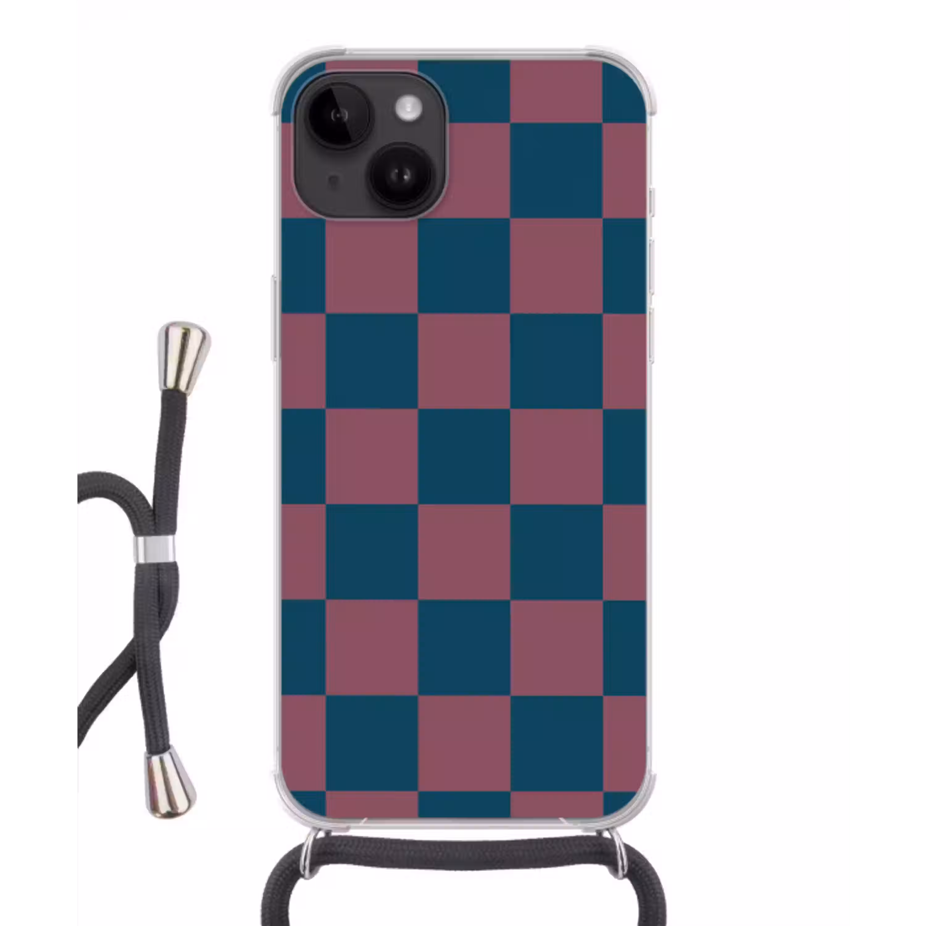 Schaakbord print - Blauw - Rood - Blokjes Crossbody Case iPhone 14 middel -3d
