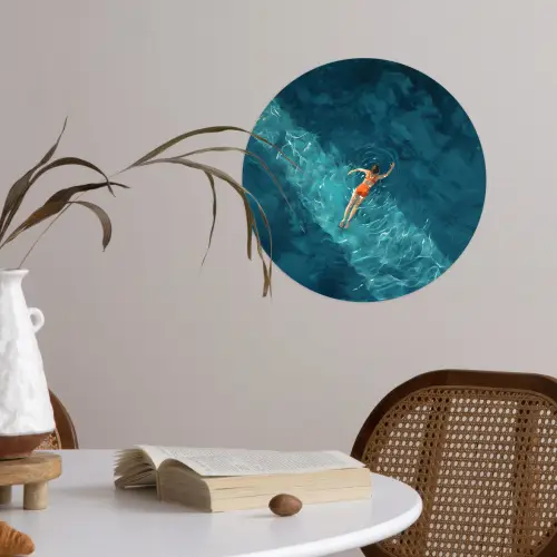 Vrouw - Water - Bikini - Oranje Wandcirkel behangsticker klein -sfeer3
