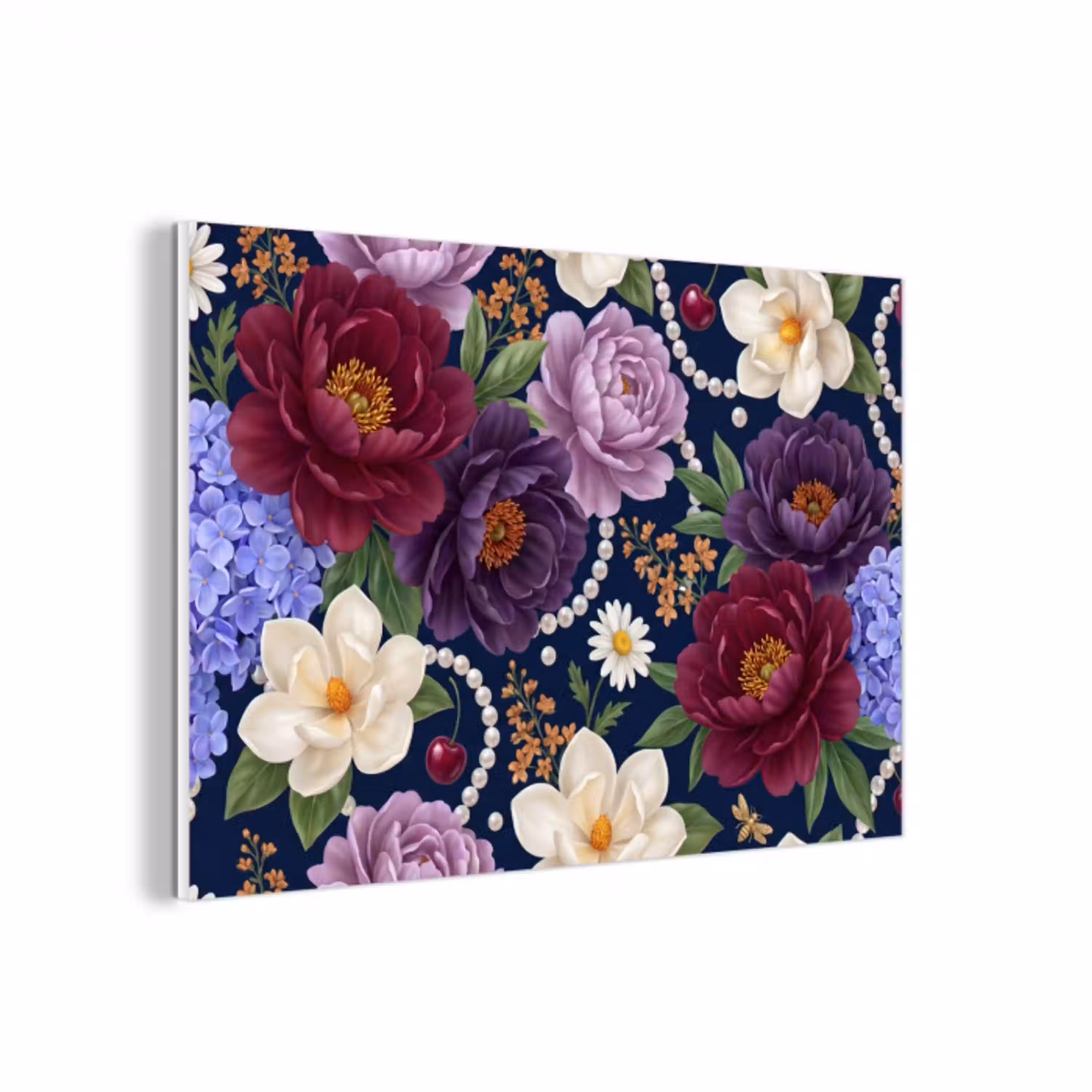 Bloemen - Parels - Decoratie - Modern - Blauw forex 5mm xxl -3d