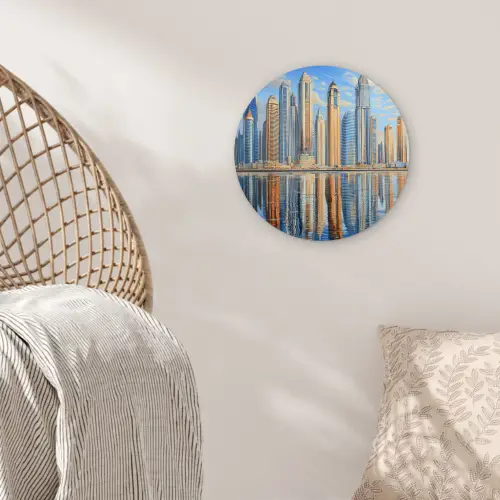 Skyline - Wolkenkrabbers - Water - Blauw Wandcirkel kunststof plaat 5mm dik klein -sfeer5
