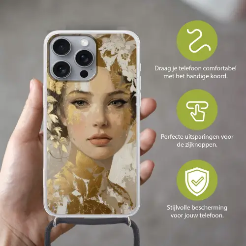 Gezicht - Vrouw - Bladeren - Goud Hoesje iPhone 16 Pro Max met koord klein -sfeer2_NL