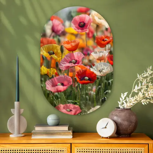 Bloemenveld - Klaprozen - Kleurrijk Wandcirkel Ovaal Glas middel -sfeer2