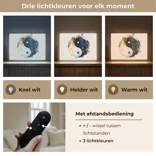 Yin Yang - Abstract - Zwart - Wit - Goud Light Box met batterij (Wandlamp) middel -USP_lichtkleurNL