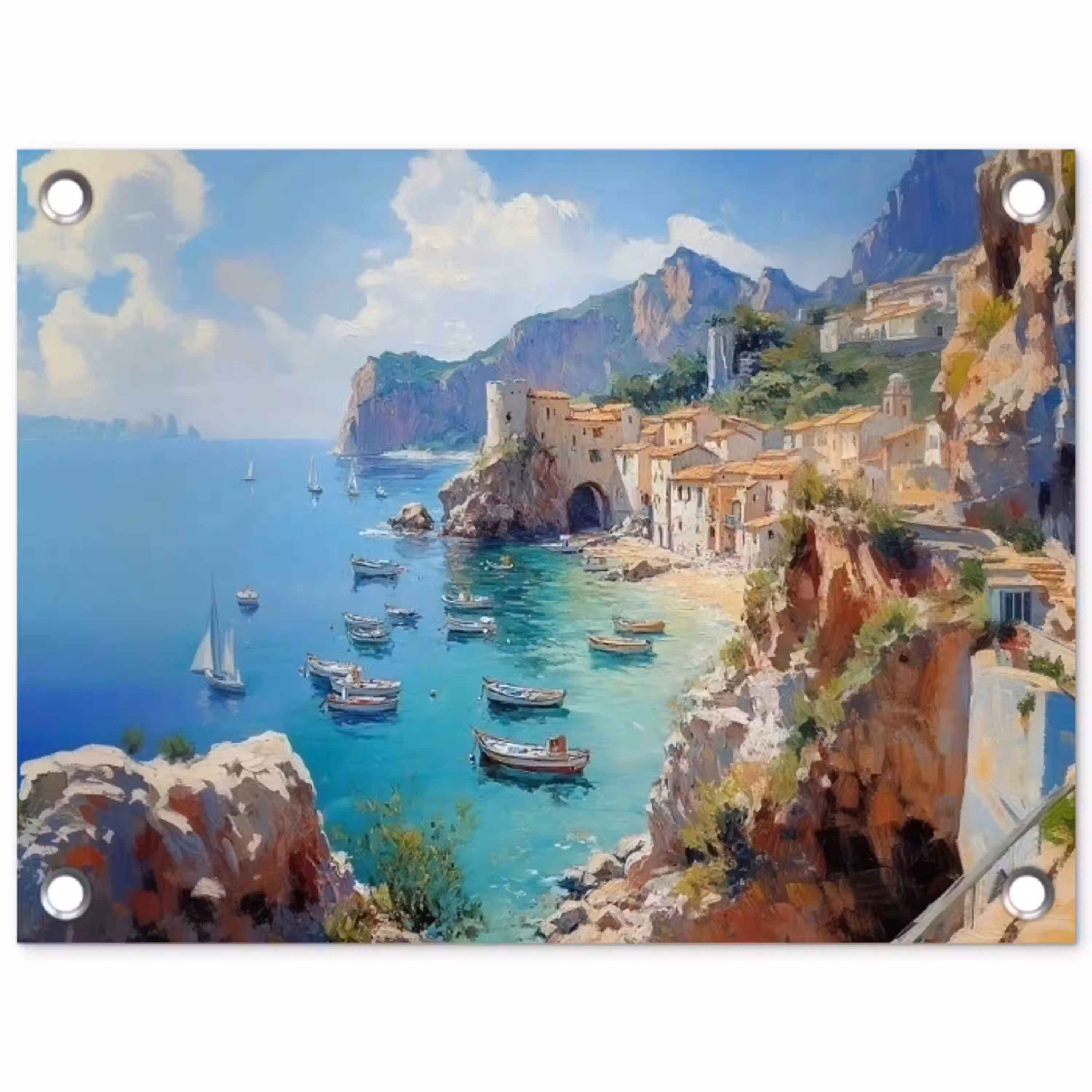 Kustdorp - Schilderij - Rotsen - Boten tuinposter los doek klein -3d