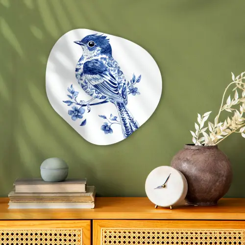 Vogel - Delfts blauw - Illustratie - Bloemen Wandcirkel Organisch Forex 3mm klein -sfeer2