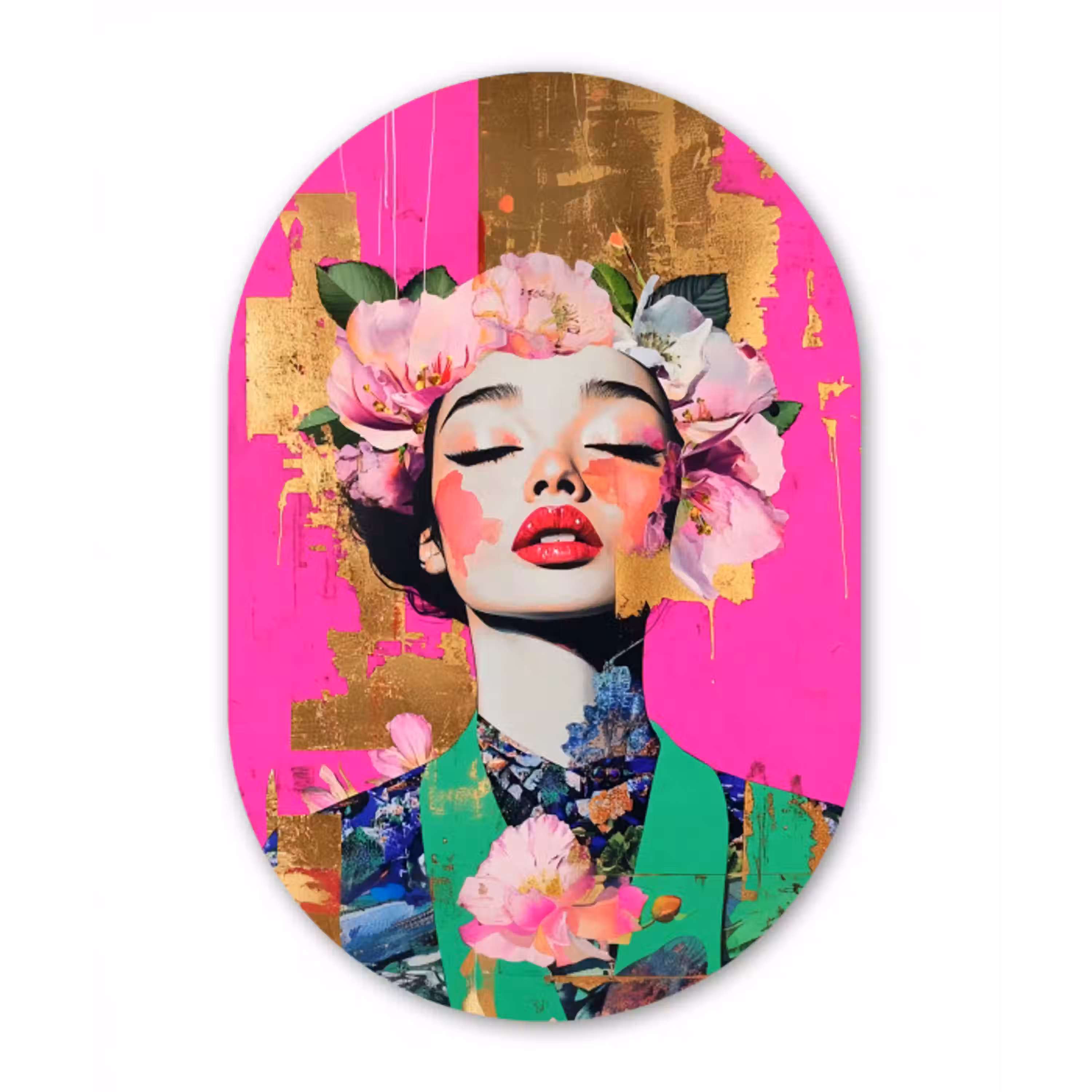 Bloemenkroon - Goud - Vrouw - Portret Wandcirkel Ovaal Aluminium middel -3d