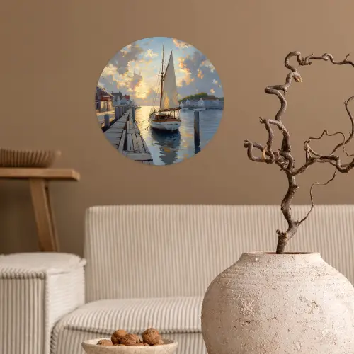 Zeilboot - Zon - Pier - Hout Wandcirkel behangsticker klein -sfeer1