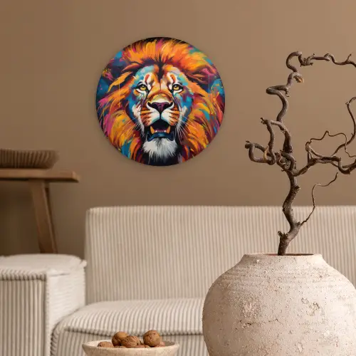 Leeuw - Graffiti - Dieren - Zwart Wandcirkel kunststof plaat 5mm dik klein -sfeer1
