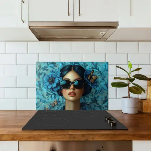Vrouw - Bloemen - Vlinders - Blauw - Abstract keuken achterwand spatscherm klein -sfeer2