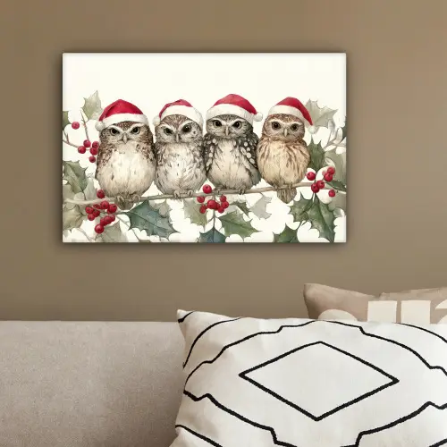 Uilen - Tak - Hulstblaadjes - Kerstmuts canvas 2cm klein -sfeer3