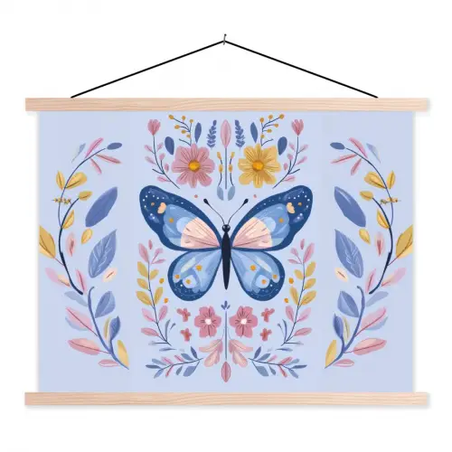 Vlinder - Lichtblauw - Sierlijk - Bloemen textielposter latten blank klein -3d