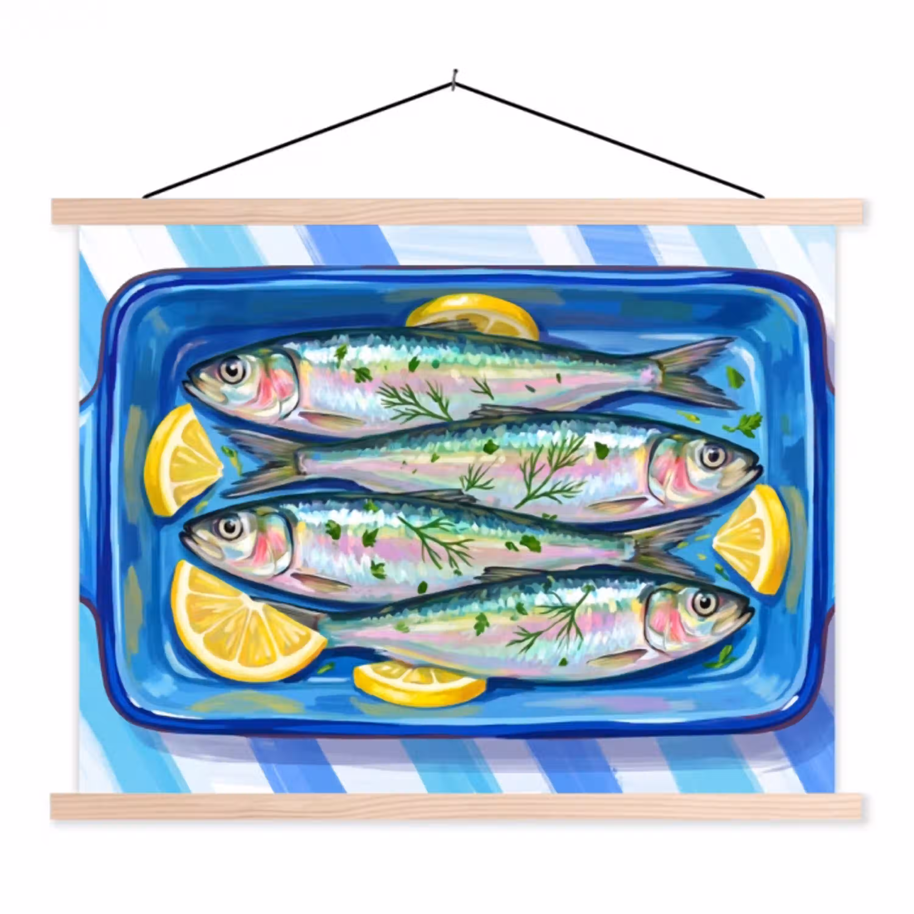 Vis - Citroen - Kruiden - Eten - Blauw textielposter latten blank klein -3d