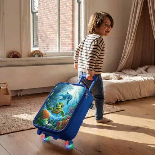 Schildpad en dolfijn in blauwe oceaan Kinderkoffer - Blauw klein -sfeer1