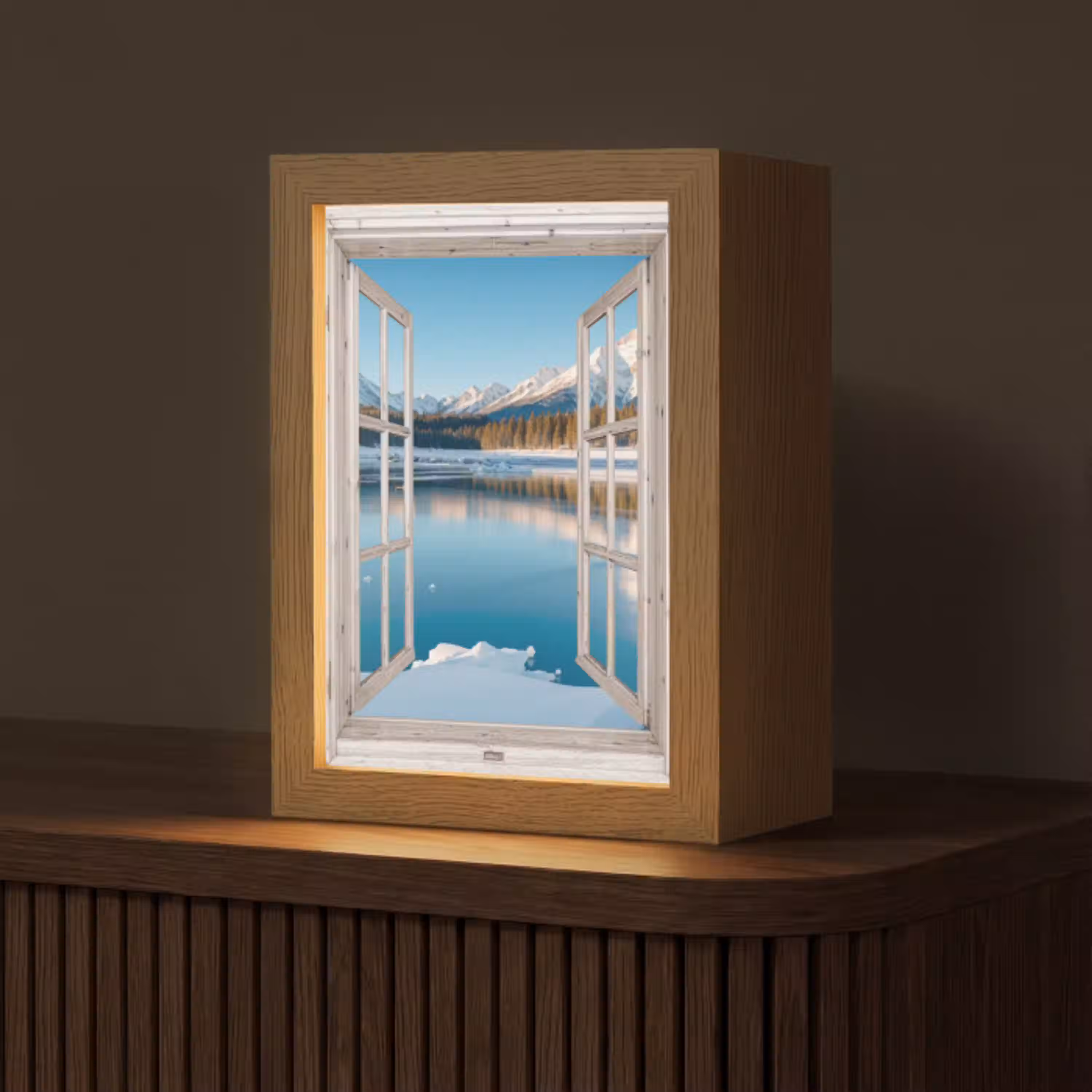 Landschap - Winter - Meer - Bergen - Uitzicht - Doorkijk - Licht Light Box met kabel (Tafellamp) klein -z3d_website