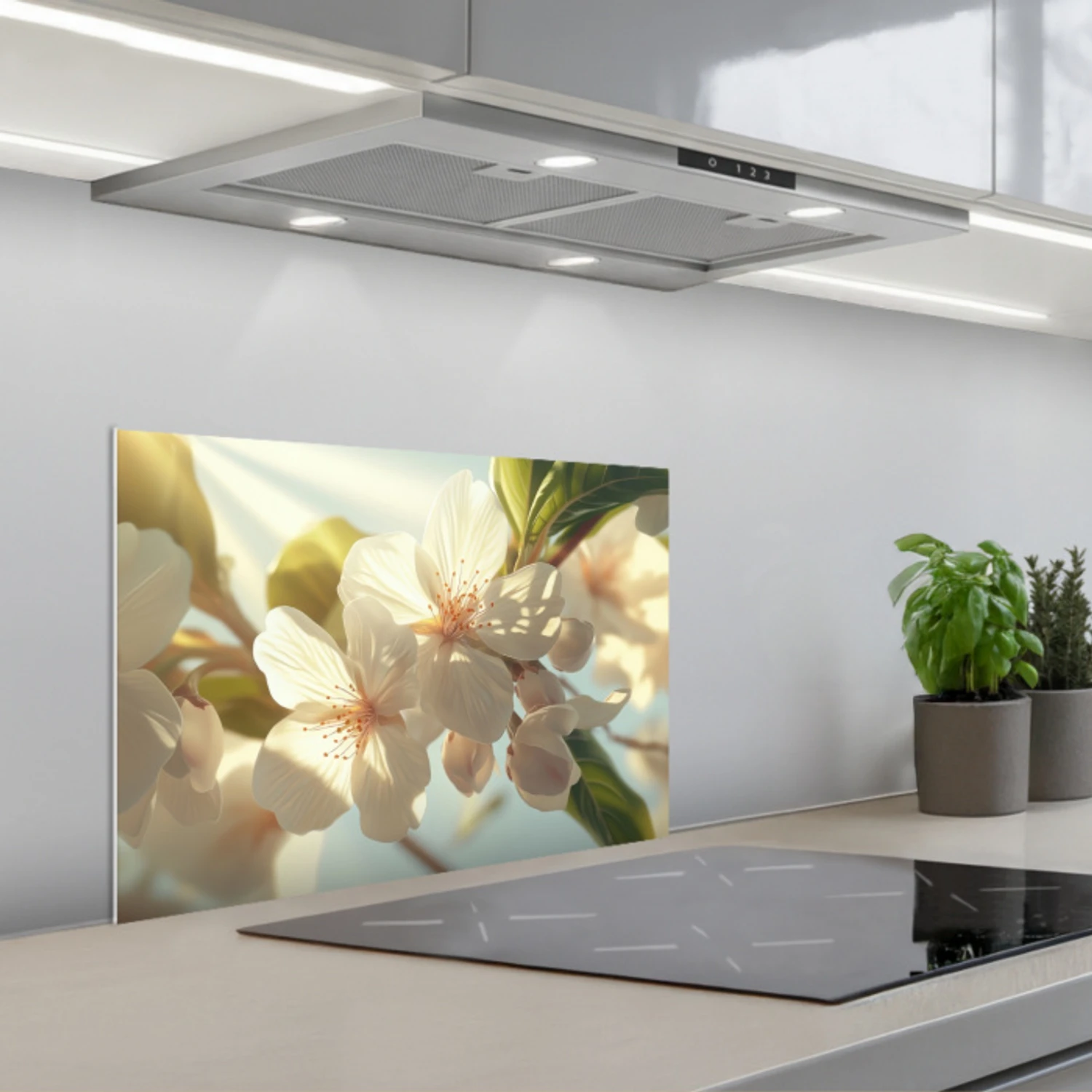 Bloesems - Wit - Zonnestralen -  Bloemblaadjes keuken achterwand spatscherm klein -3d_schuin