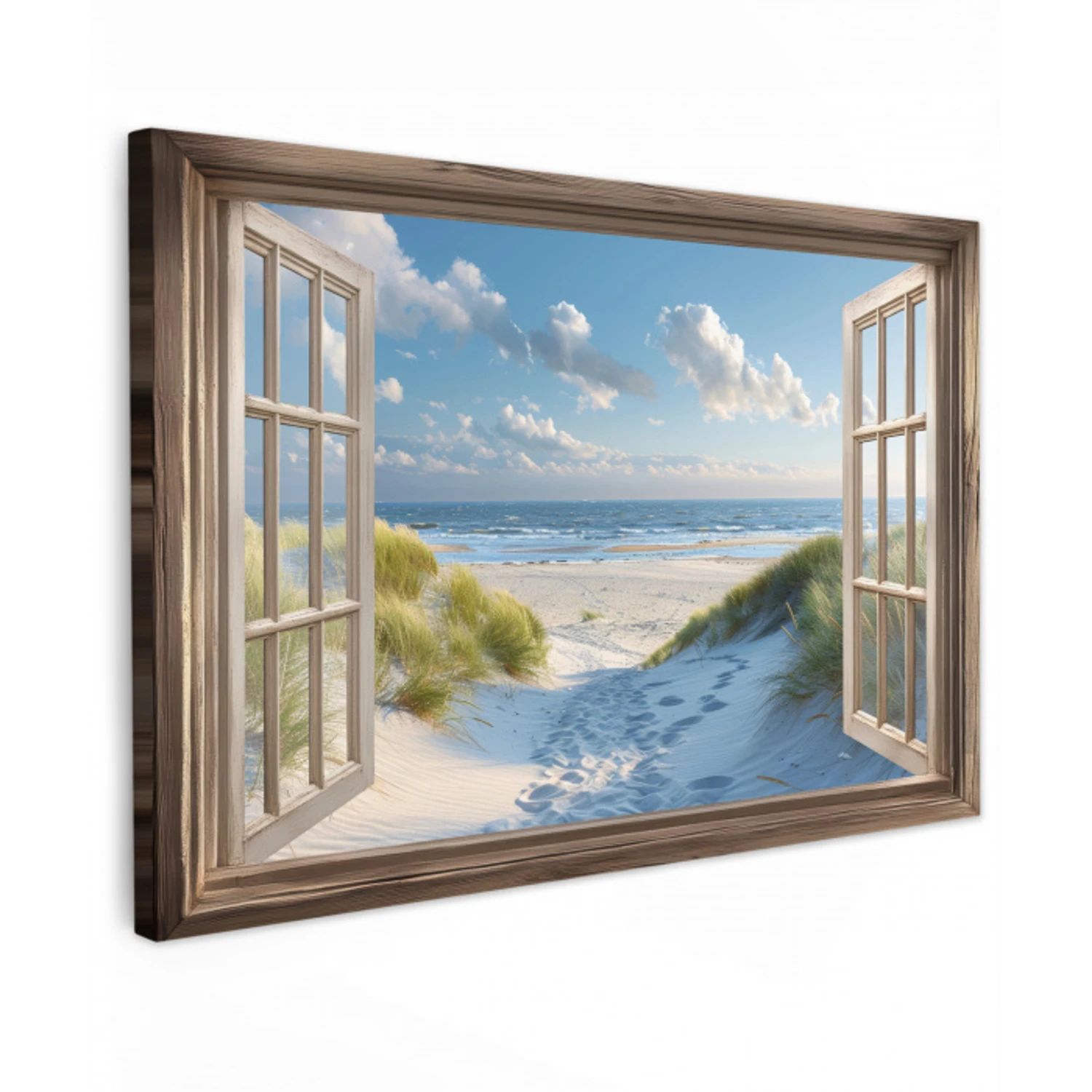 Doorkijk - Strand - Raam - Duinen - Zee Tuinposter op houten frame 2 cm dik klein -3d