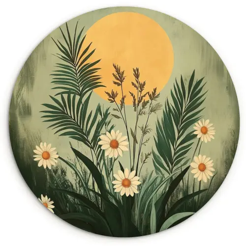 Bloemen - Bladeren - Zon - Groen Wandcirkel kunststof plaat 5mm dik klein -3d
