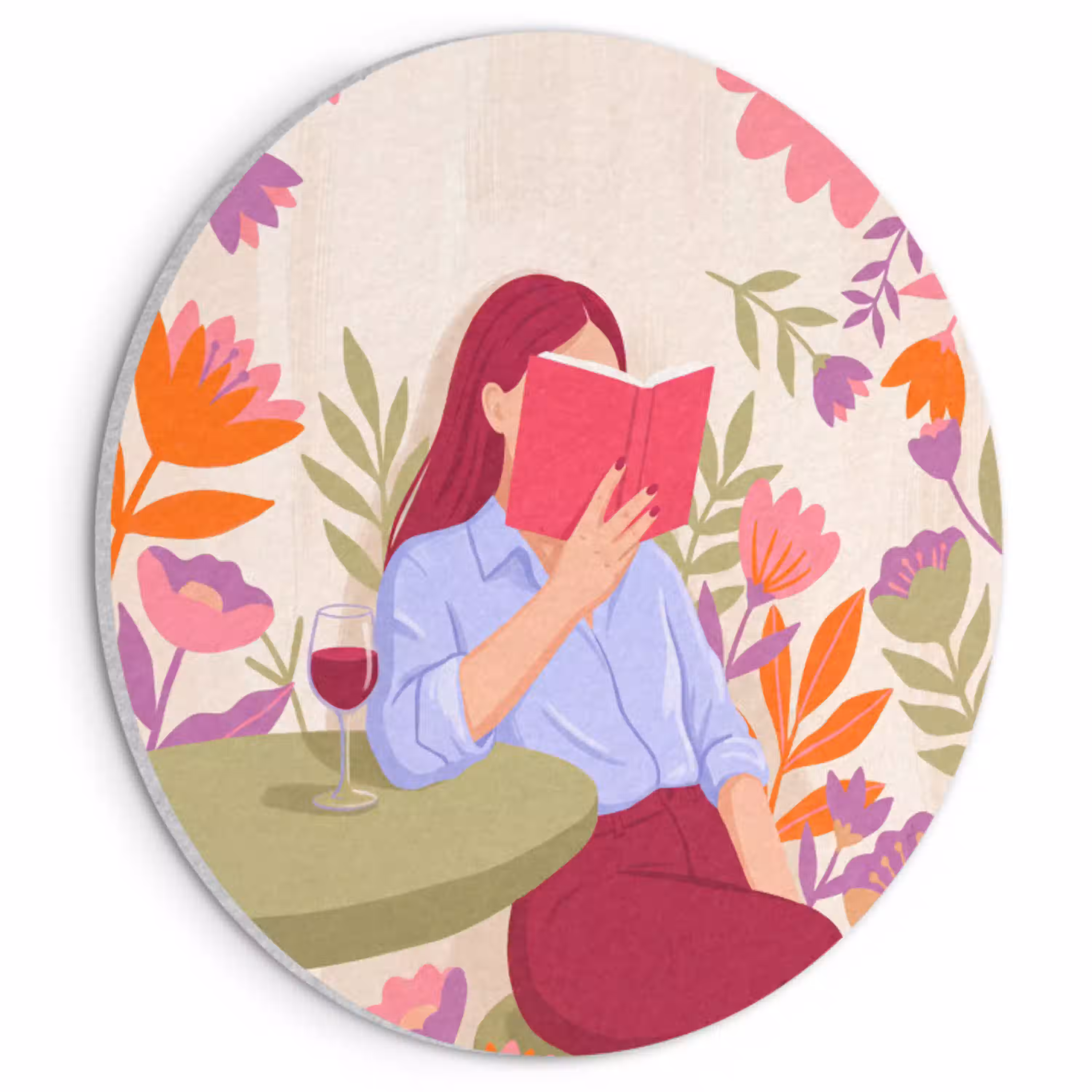 Vrouw - Lezen - Thuis - Modern - Bloemen Akoestische PET Vilt - Rond klein -3d