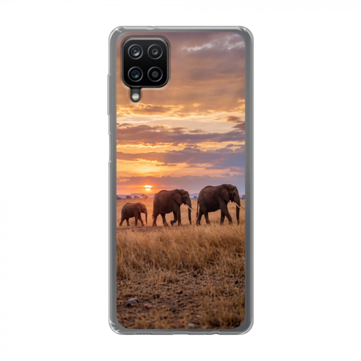 Olifanten - Savanne - Zonsondergang - Afrika - Warm Telefoonhoesje Samsung Galaxy A12 klein -3d