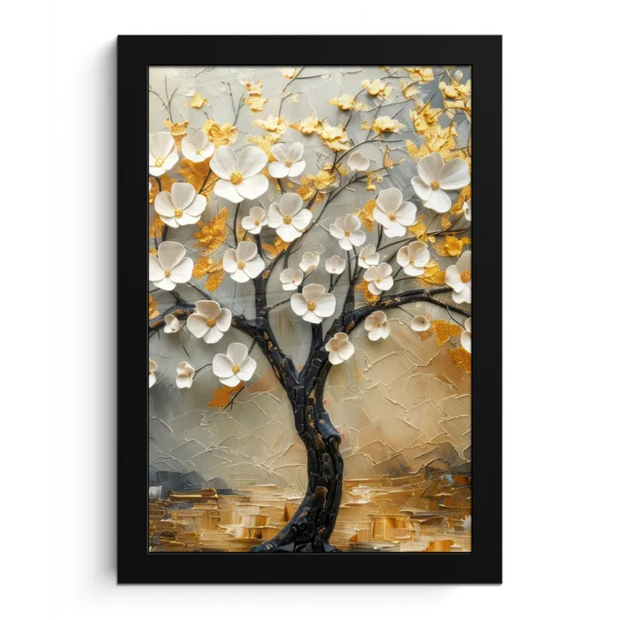 Boom - Bloemen - Goud - Beige fotolijst zwart zonder passe partout klein -3d