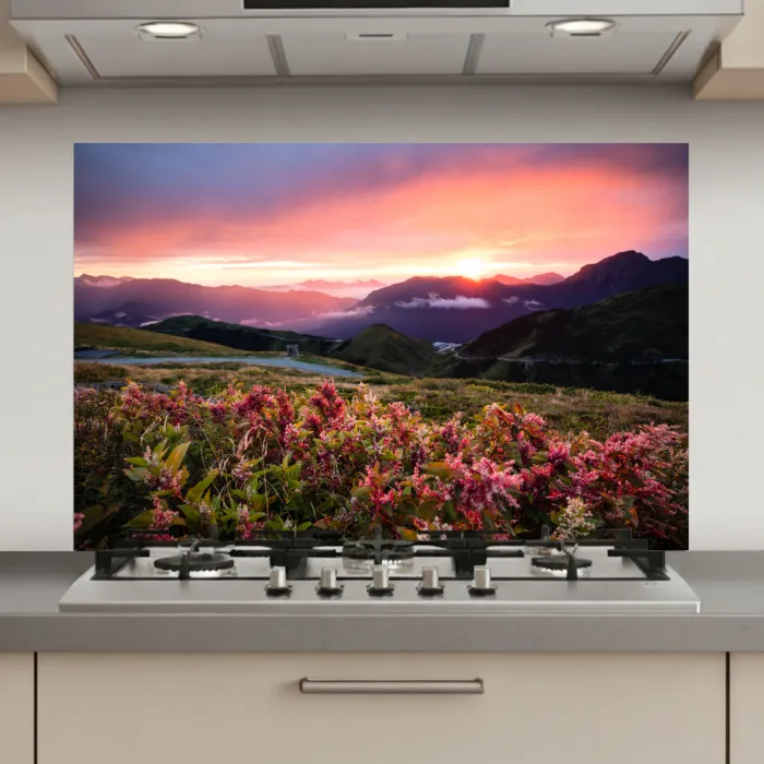 Bloemen - Bergen - Landschap - Nacht - Lucht - Roze keuken achterwand spatscherm klein -3d_website