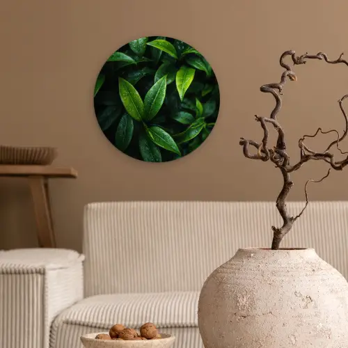 Bladeren - Regendruppels - Licht - Groen Wandcirkel plexiglas klein -sfeer1