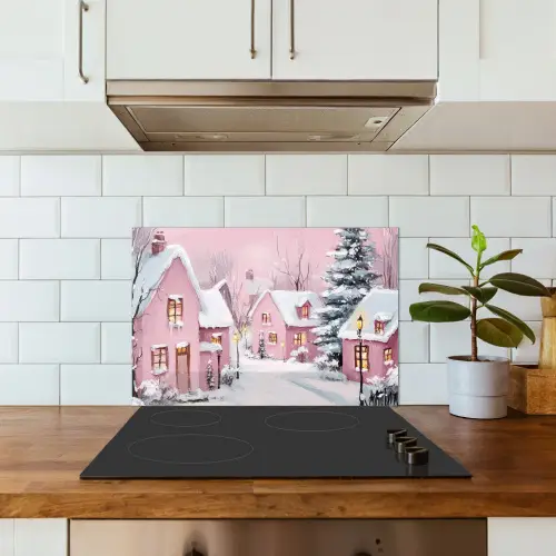 Kerstdorp - Roze - Winter - Sneeuw - Huizen keuken achterwand spatscherm klein -sfeer2