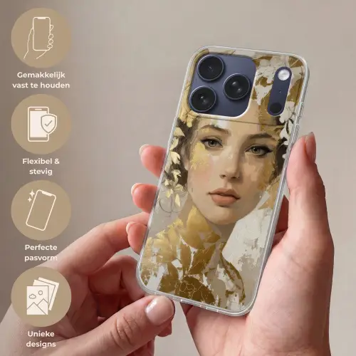 Gezicht - Vrouw - Bladeren - Goud Telefoonhoesje iPhone 17 Pro klein -sfeer3_NL
