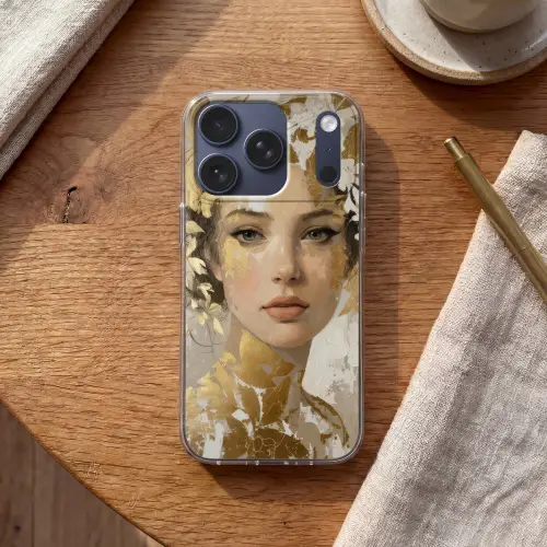 Gezicht - Vrouw - Bladeren - Goud Telefoonhoesje iPhone 17 Pro klein -sfeer1
