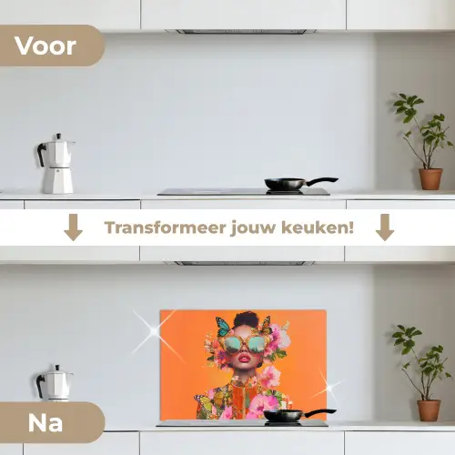 Vlinders - Vrouw - Zonnebril - Kleurrijk keuken achterwand spatscherm klein -voor_na_NL
