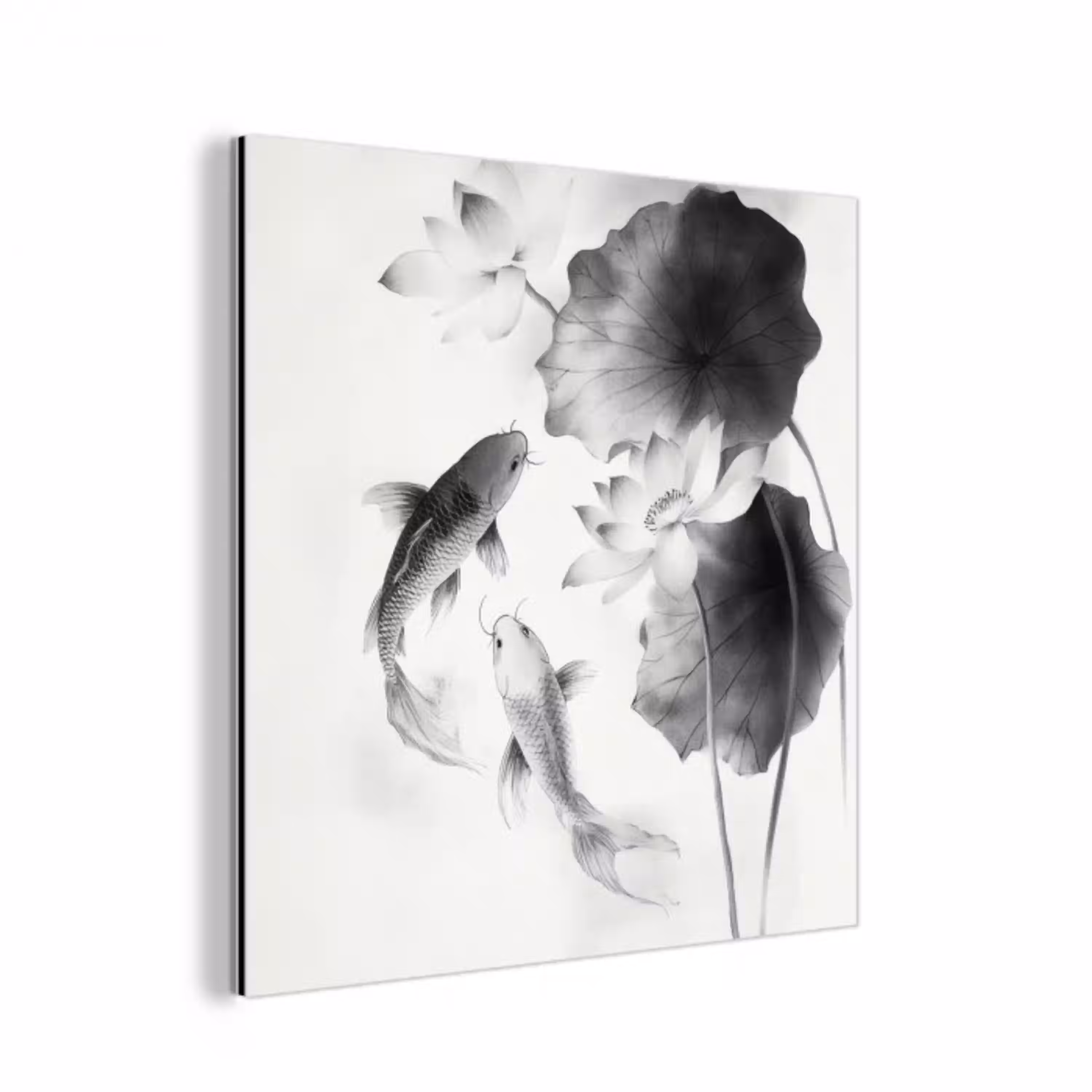 Lotusbloemen - Vissen - Bladeren - Zwart aluminium wit klein -3d