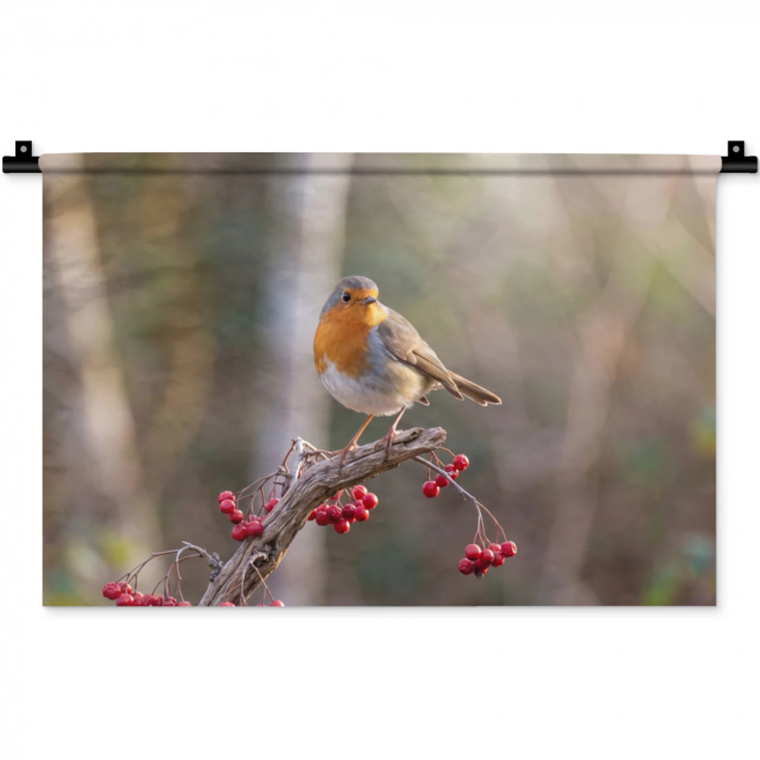 Roodborst - Tak - Bessen - Natuur Wandkleed katoen klein -zz3d