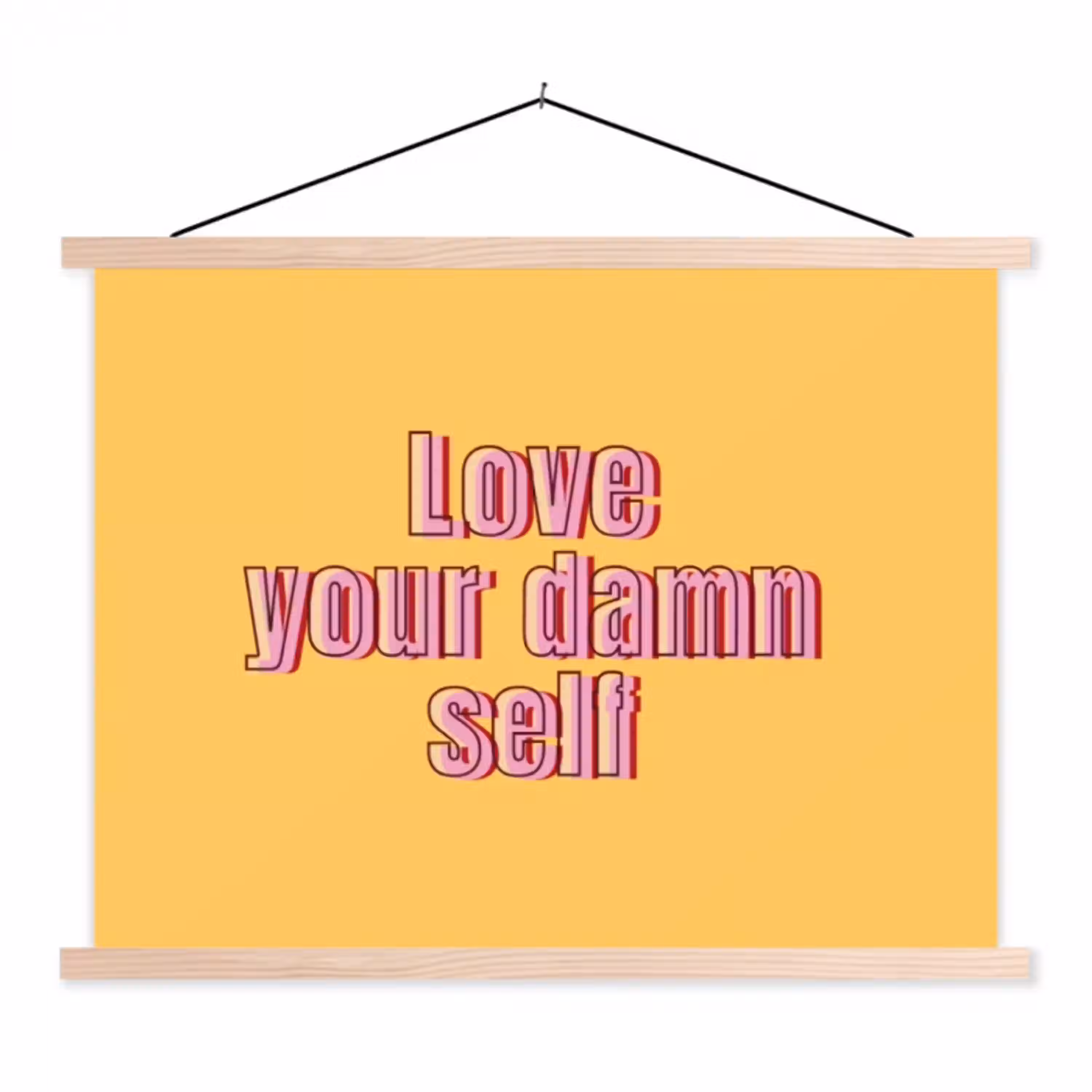 Love yourself - Roze - Geel textielposter latten blank klein -3d
