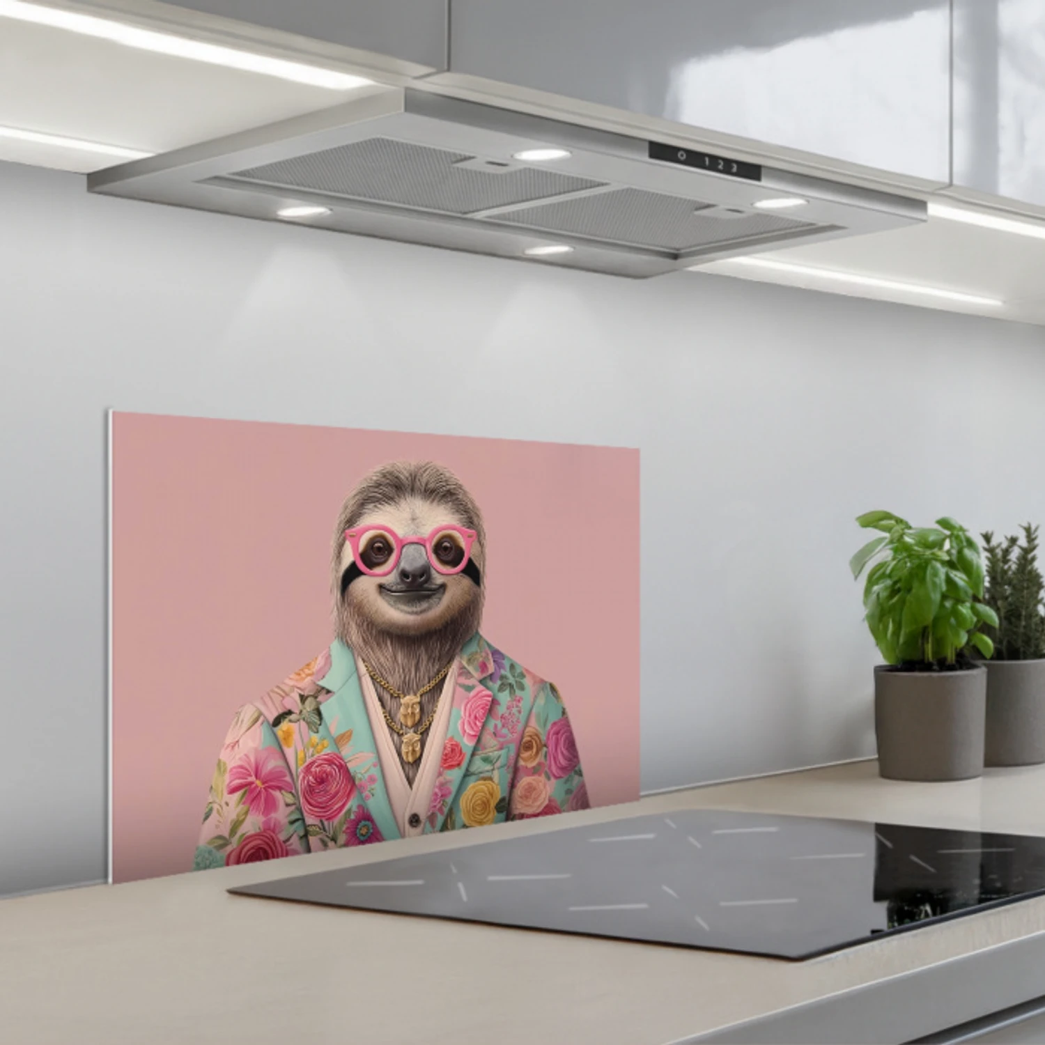 Luiaard - Bloemenprint - Bril - Roze keuken achterwand spatscherm klein -3d_schuin