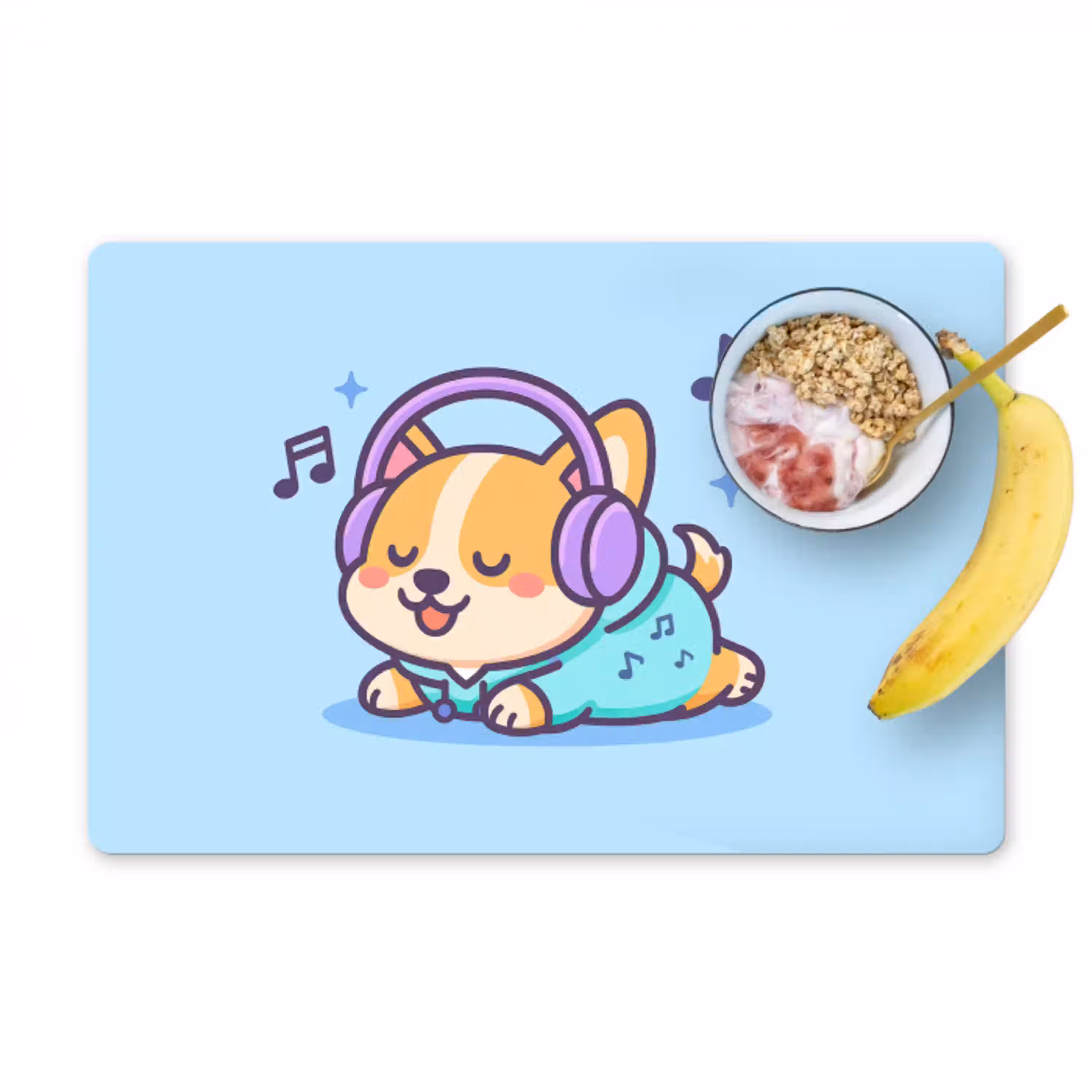 Corgi - Koptelefoon - Blauw - Muzieknoten Placemat vinyl groot -zzzproduct_Kitchenyeah-website
