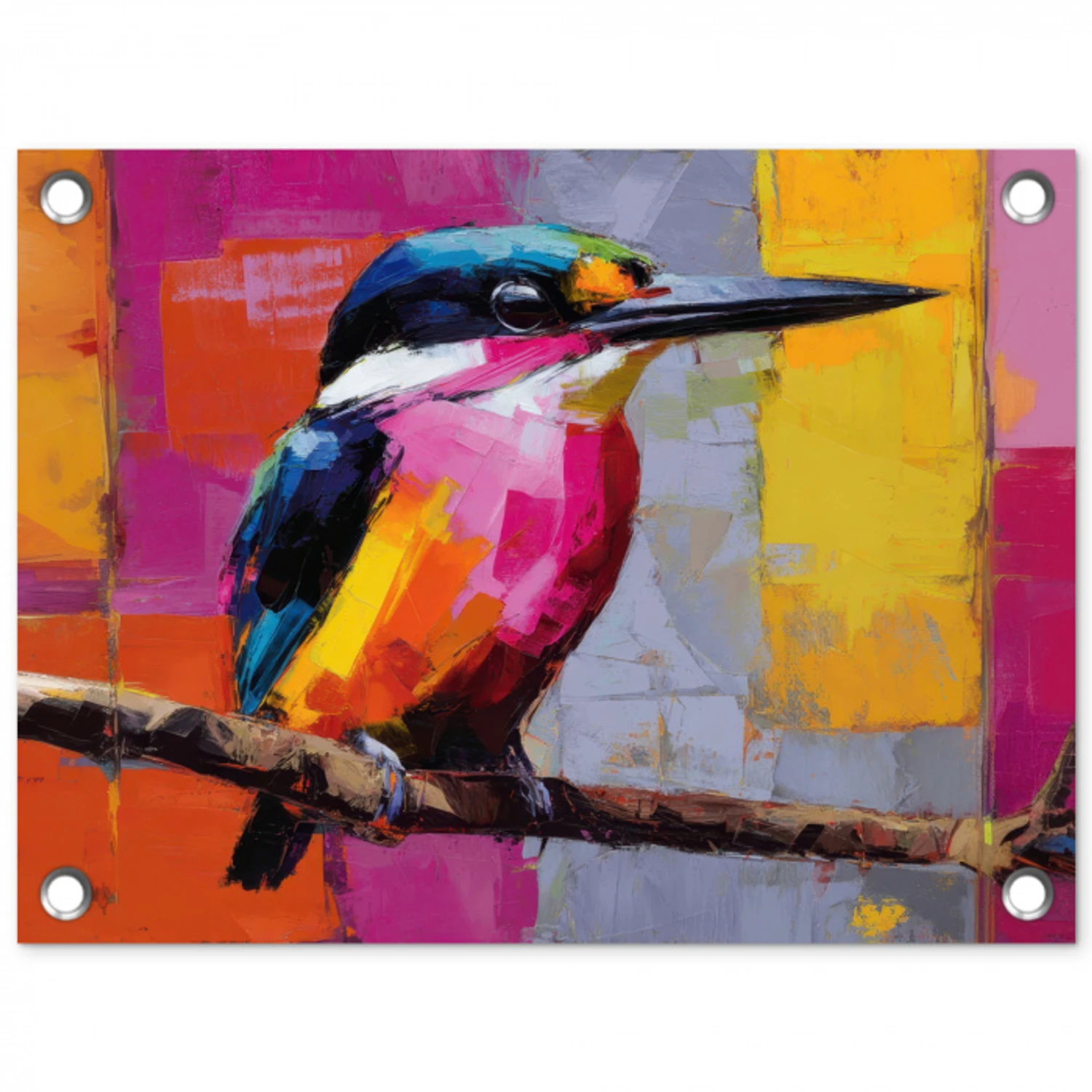 Roze - Ijsvogel - Tak - Kleurvlakken tuinposter los doek klein -3d