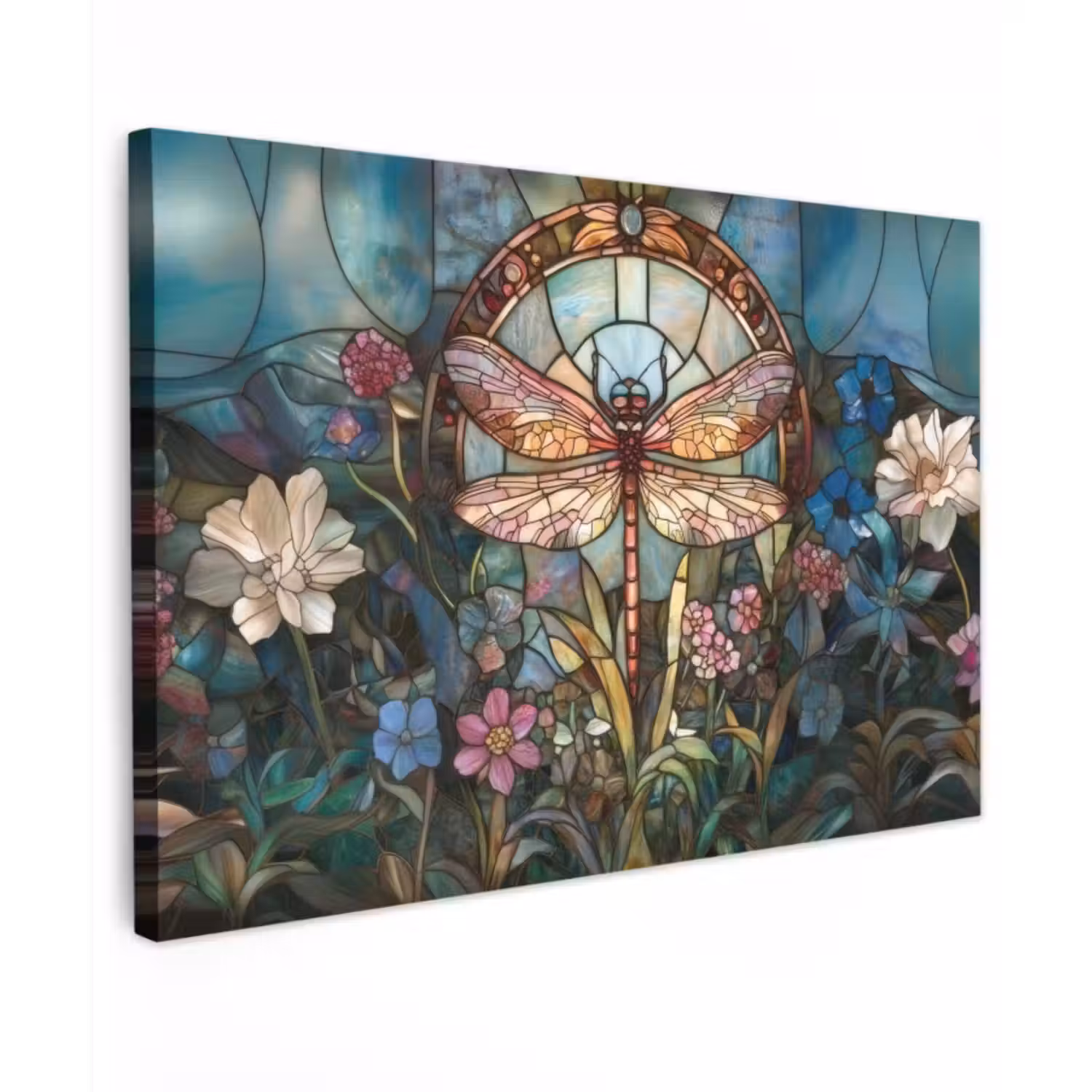 Canvas schilderij - Libelle - Mozaïek - Bloemen - Kleurrijk
