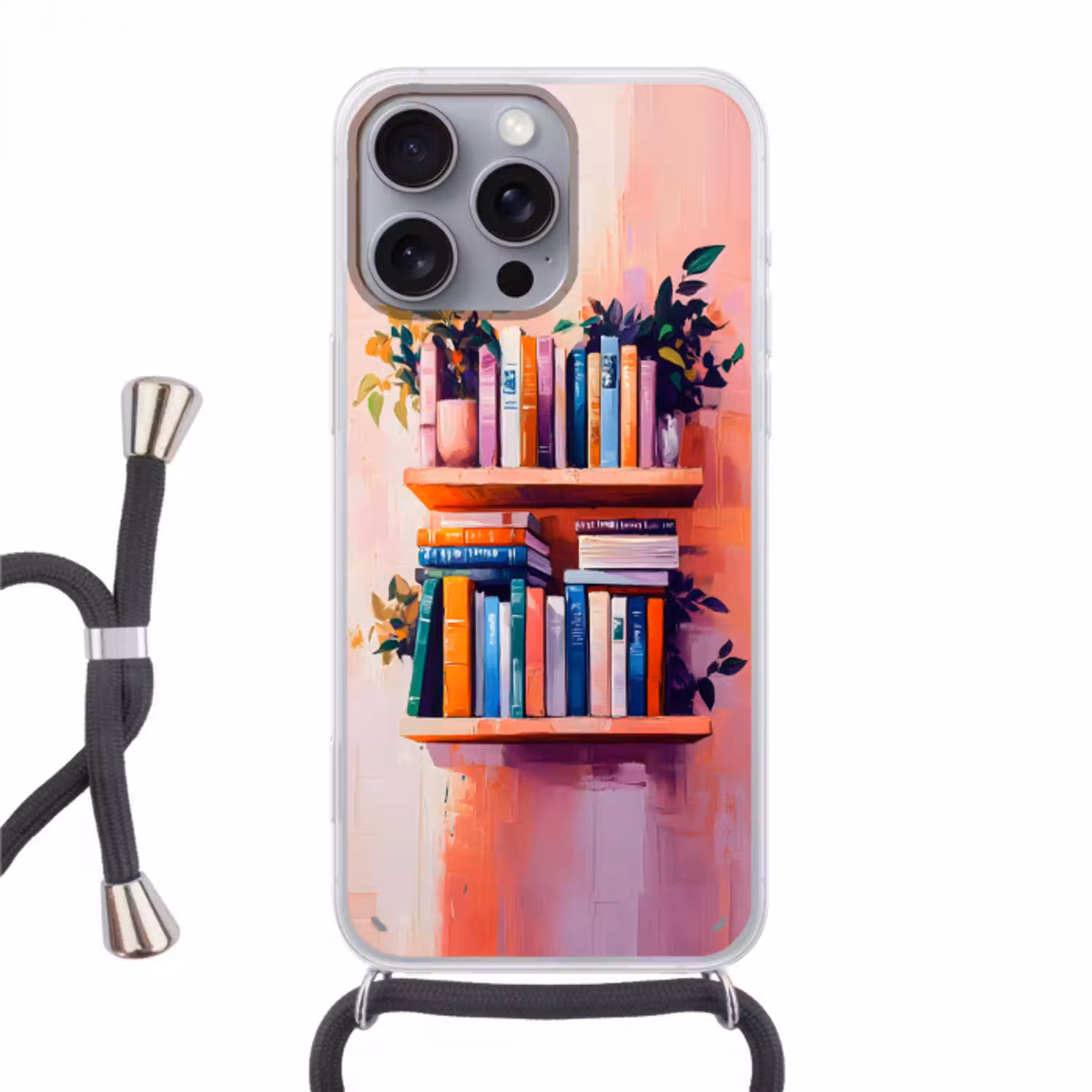 Planken - Boeken - Bladeren Hoesje iPhone 16 Pro Max met koord klein -3d