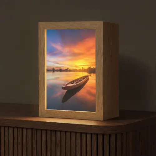 Boot - Water - Zonsondergang - Oranje - Water Light Box met kabel (Tafellamp) klein -z3d_website