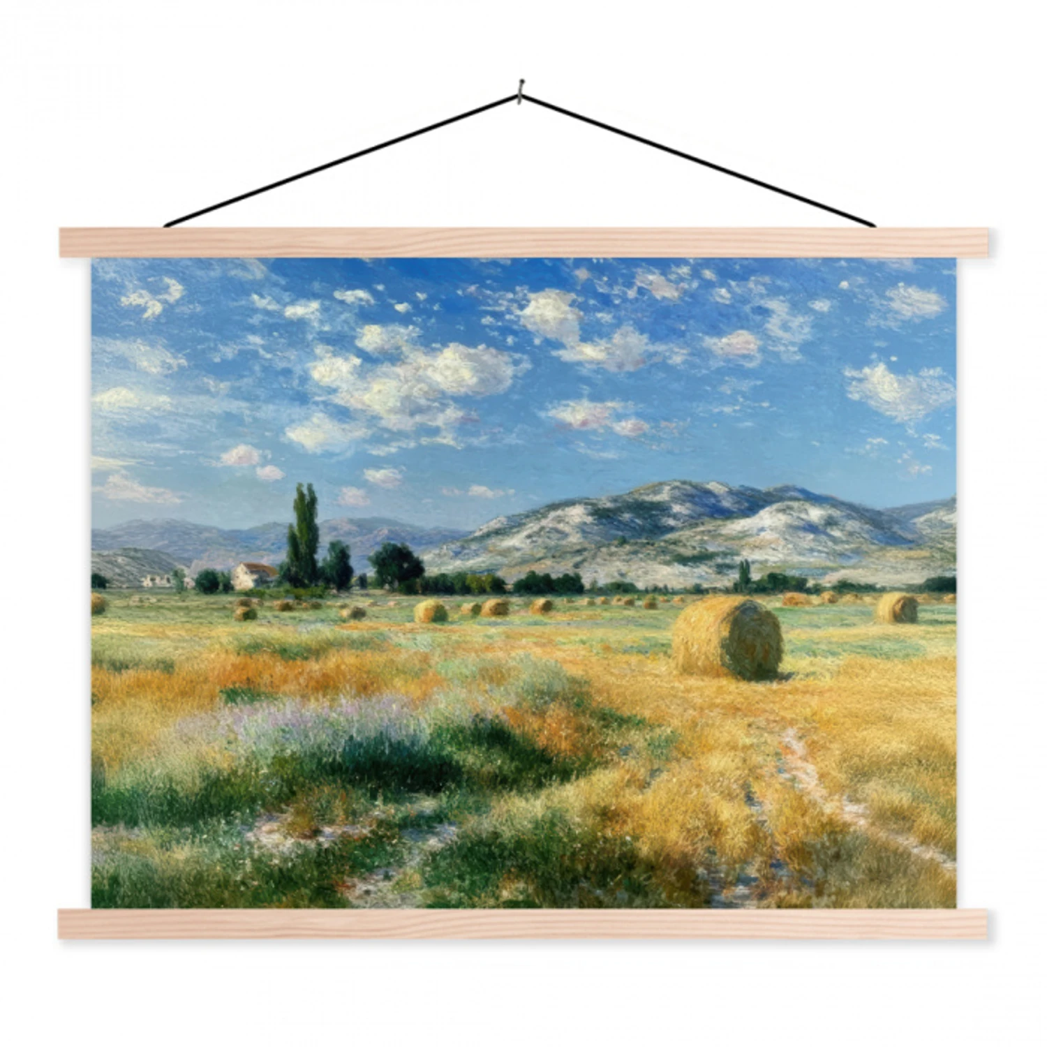 Landschap - Strobalen - Bergen - Wolken textielposter latten blank klein -3d