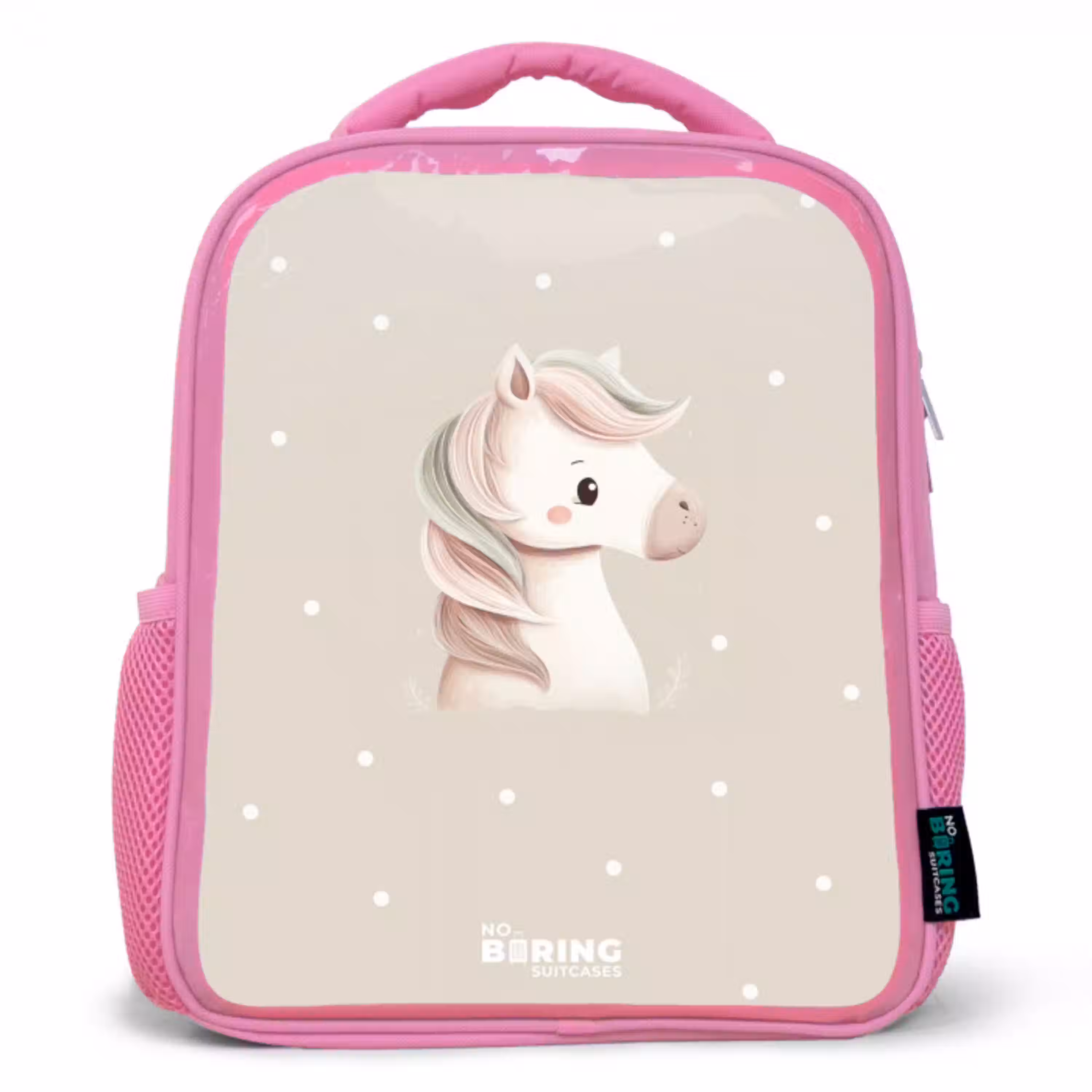 Pony omringd door stippen in beige kleuren Kinderrugzak - Roze middel -3d
