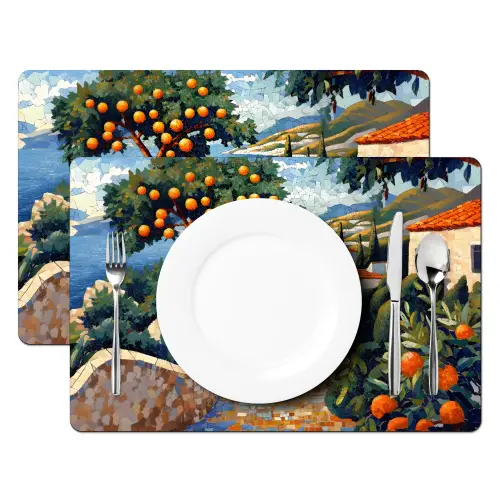 Huizen - Mozaïek - Sinaasappelbomen - Zee Placemat vinyl groot -zzsfeer2_Kitchenyeah-website