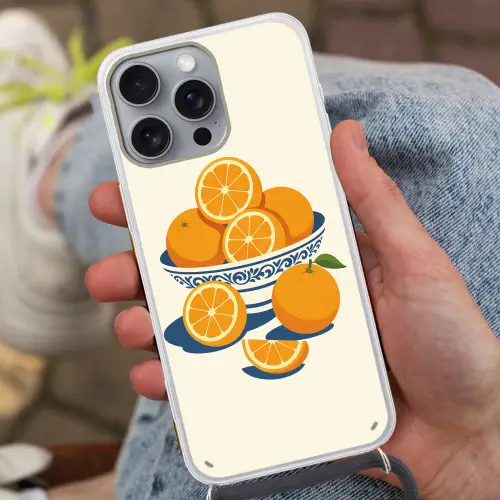 Schaal - Minimalistisch - Oranje - Sinaasappels Hoesje iPhone 16 Pro Max met koord klein -sfeer3