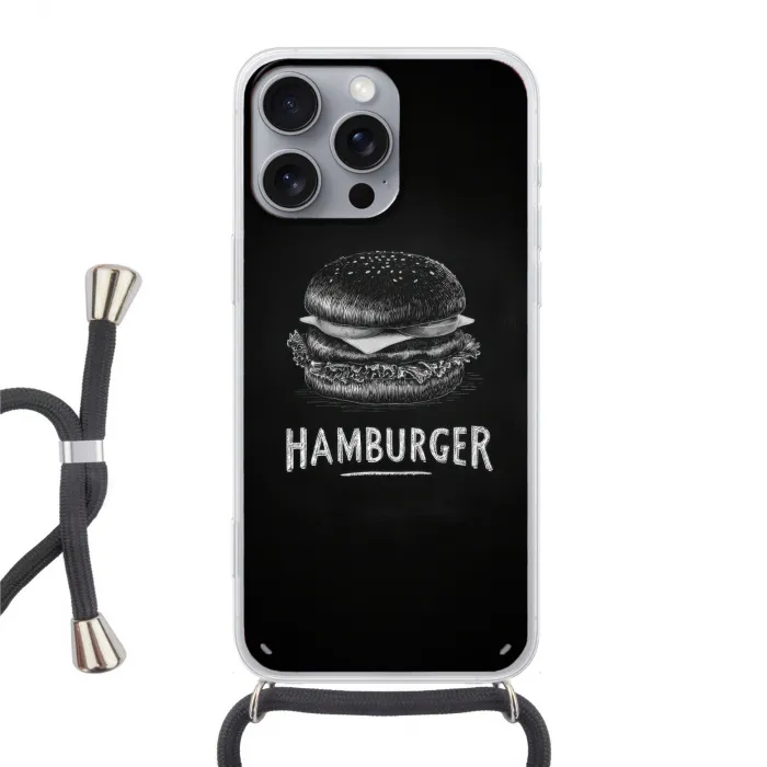 Hamburger - Krijttekst - Zwart - Wit Hoesje iPhone 16 Pro Max met koord klein -3d