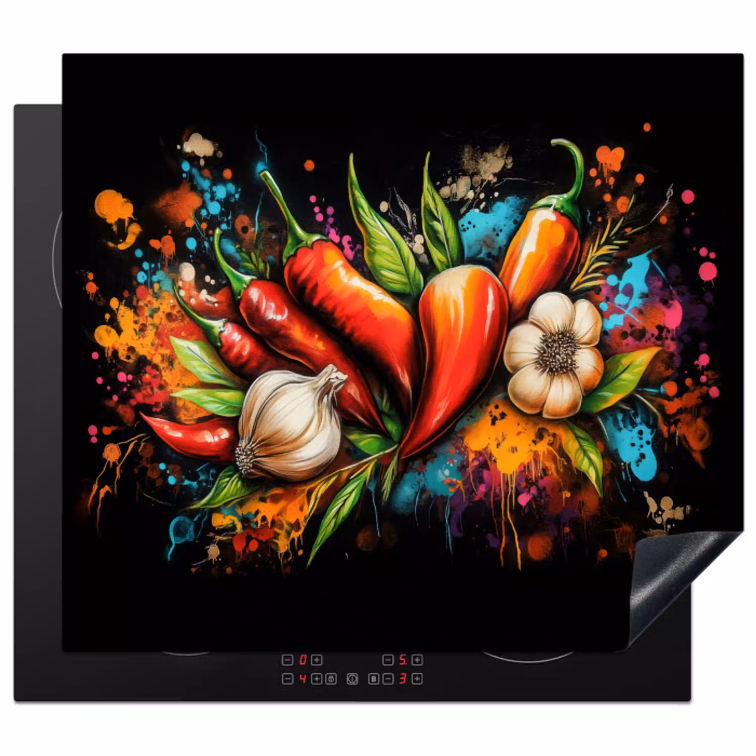 Groente - Peper - Knoflook - Graffiti - Verf - Kleurrijk Inductie beschermer vinyl 3mm middel -3d
