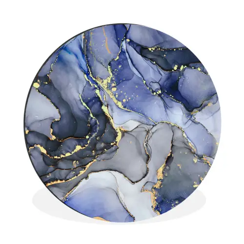 Marmer - Goud - Abstract - Blauw Wandcirkel aluminium klein -3d