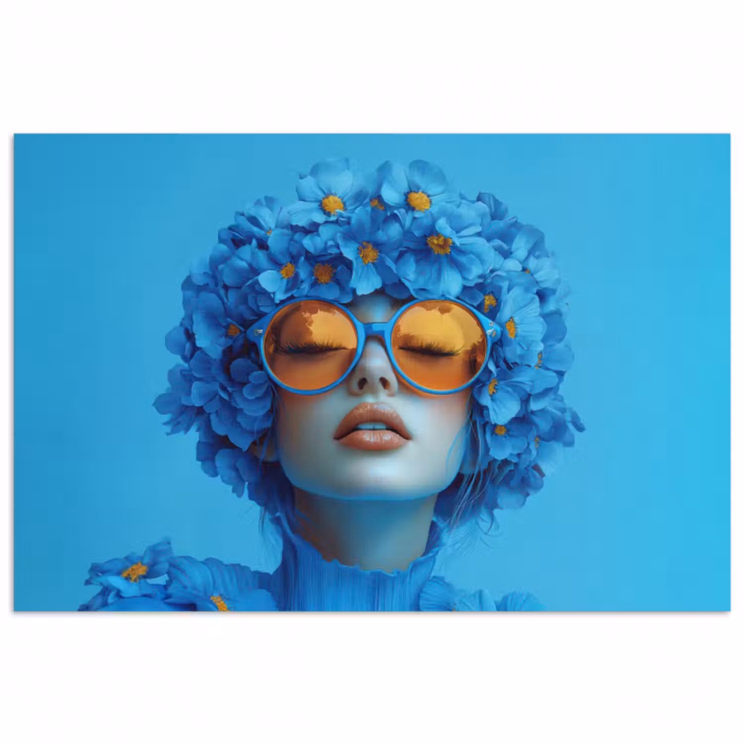 Poster - Frau - Blume - Blau - Modern - Brille - Porträt
