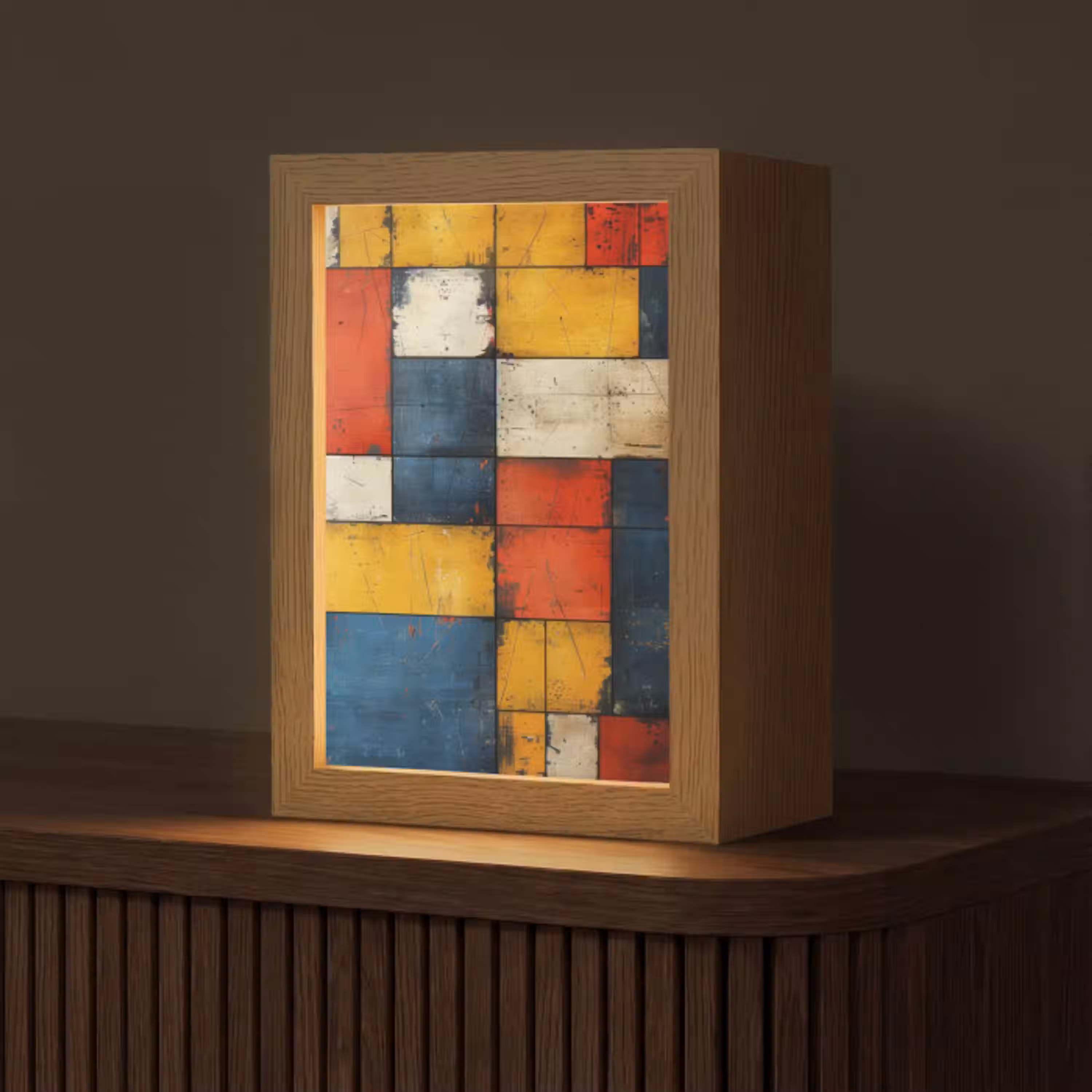 Mondriaan stijl - Kunst - Kleurrijk - Modern Light Box met kabel (Tafellamp) klein -z3d_website
