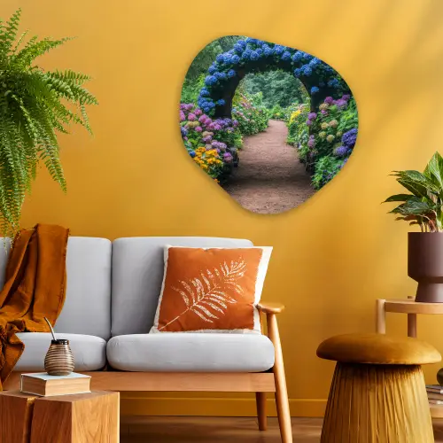 Doorkijk - Bloemen - Hortensia - Pad Wandcirkel Organisch Aluminium middel -sfeer4